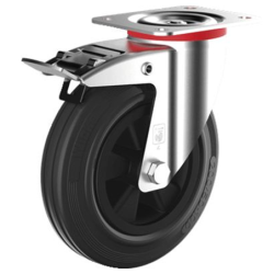 Roulette caoutchouc noir pivotante bloquante D.100 h. 125